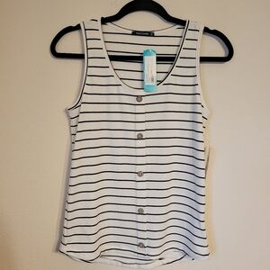 Pink Clover Small Evalynn Sleeveless Knit Tank Top Black White Stripe Button NWT